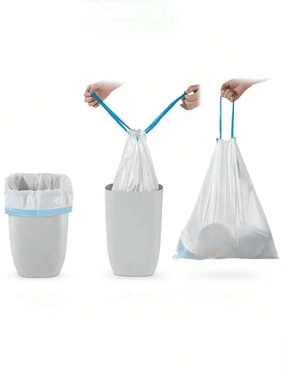 15-pack thick trash bags with tear-off drawstrings from BACKUPMYFILESNOW.COM®, suitable for home, kitchen, and restaurant garbage.