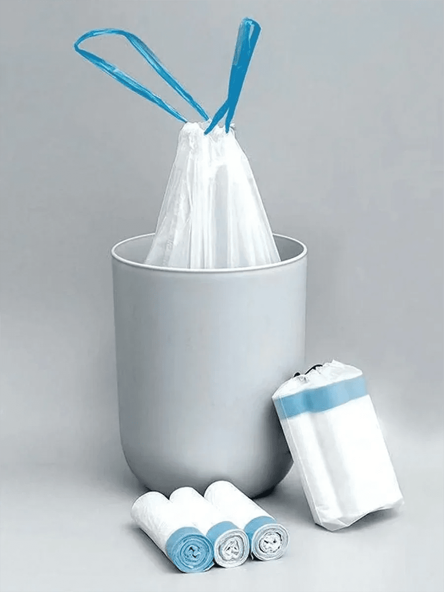 15-pack of thick drawstring trash bags from BACKUPMYFILESNOW.COM®, ideal for home, kitchen, restaurant, and garbage sorting.