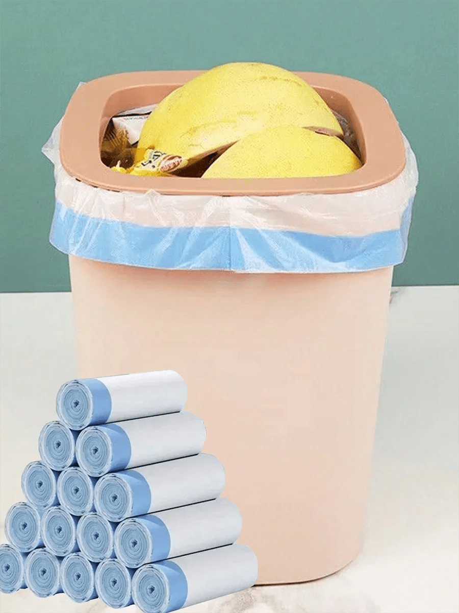 15-pack thick trash bags with drawstrings, suitable for home, kitchen, restaurant, and living room garbage sorting.