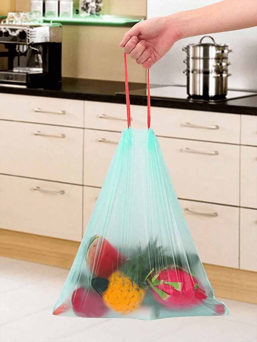 15-pack of thick drawstring trash bags from BACKUPMYFILESNOW.COM®, suitable for home, kitchen, restaurant, and garbage sorting.