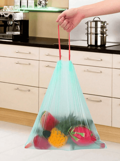15-pack of thick drawstring trash bags from BACKUPMYFILESNOW.COM®, suitable for home, kitchen, restaurant, and garbage sorting.