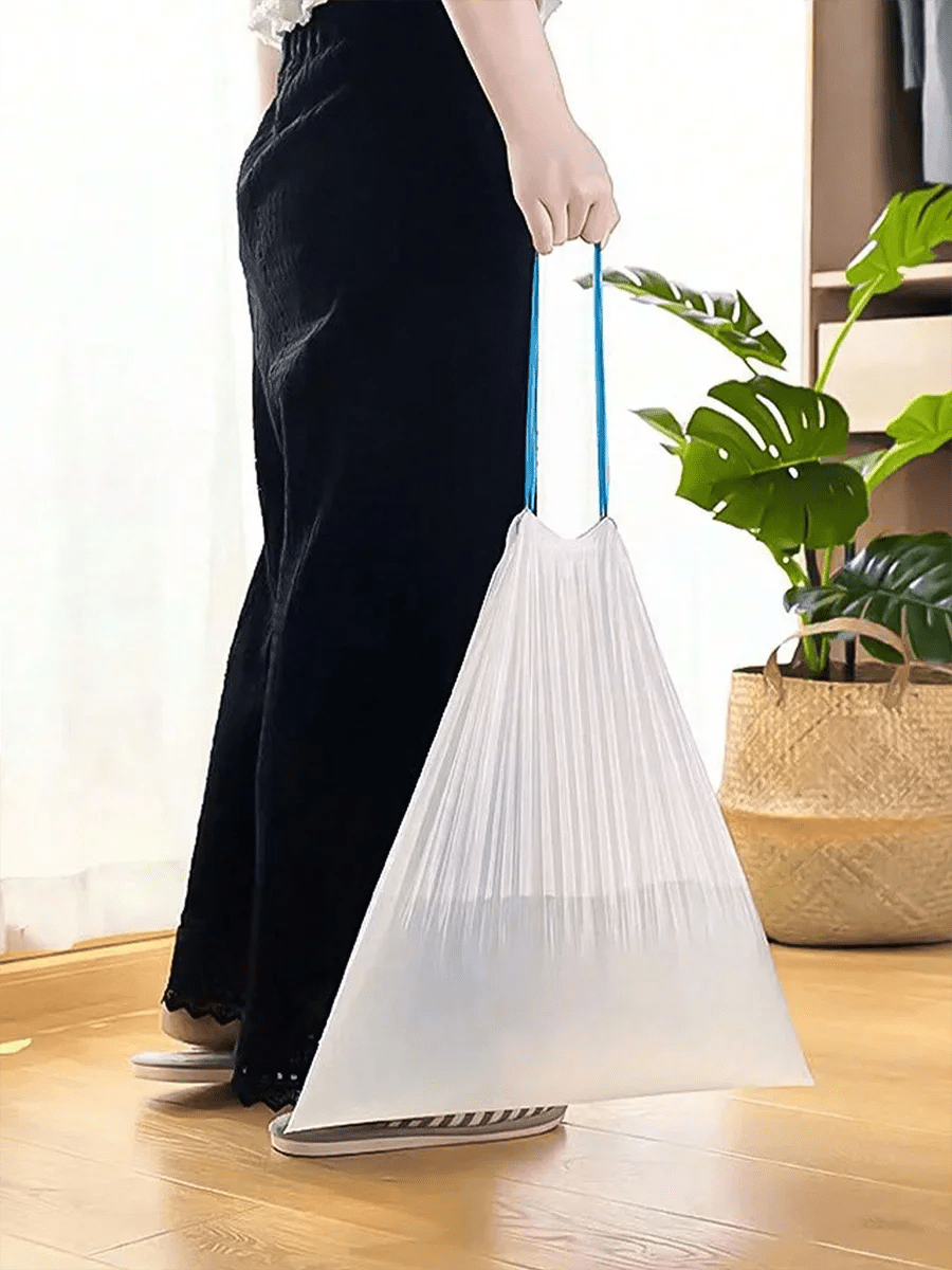 15-pack thick trash bags with tear-off drawstrings, suitable for home, kitchen, restaurant, and garbage sorting.