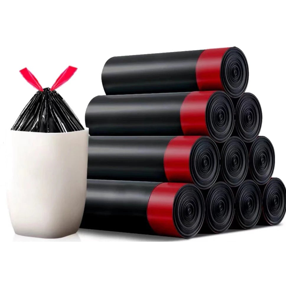 15-pack of thick trash bags with drawstrings from BACKUPMYFILESNOW.COM, suitable for home, kitchen, restaurant, and garbage sorting.