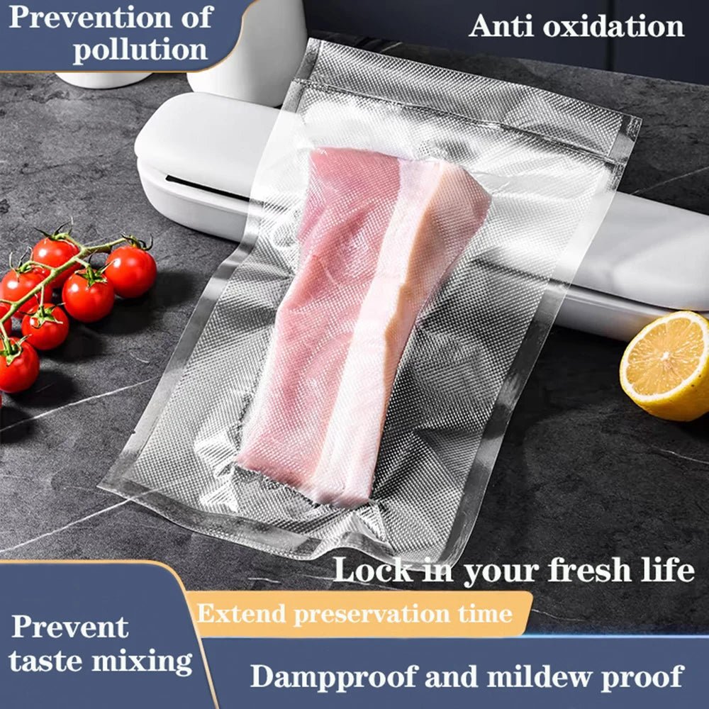 Reusable food vacuum sealing bags from BACKUPMYFILESNOW.COM®, 500cm roll, BPA-free, suitable for storage, meal prep, and sous vide cooking.