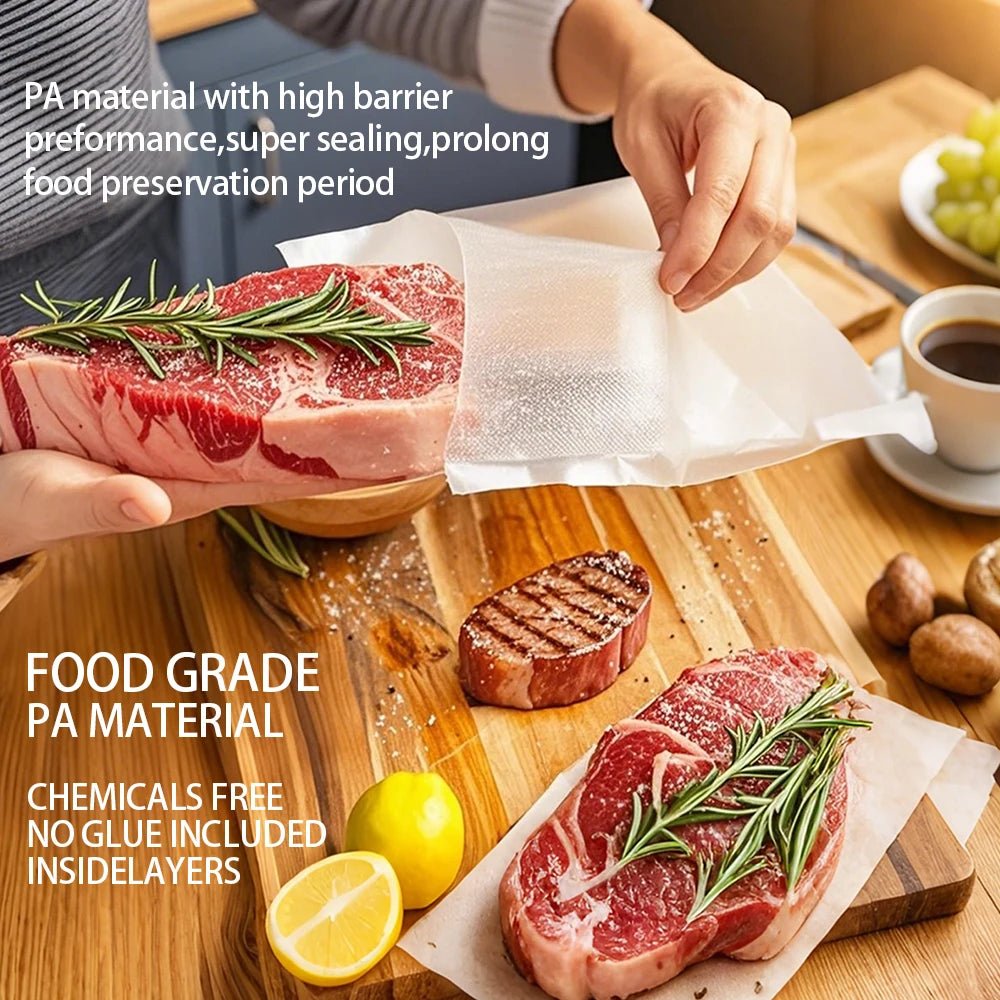 Reusable BPA-free food vacuum sealer bags, 500cm roll, designed for food storage, meal prep, and sous vide cooking.