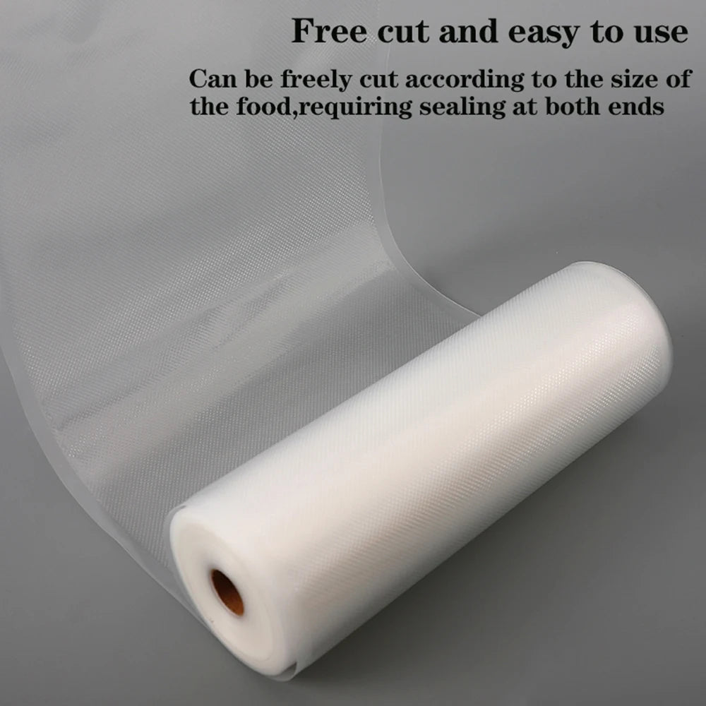 Reusable BPA-free food vacuum sealer bags on a roll, 500cm long, for food storage, meal prep, and sous vide cooking.
