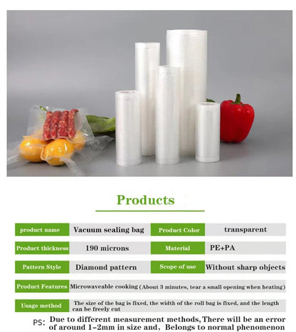 Reusable BPA-free food vacuum sealer bags on a roll, 500cm length, for storage, meal prep, and sous vide cooking.