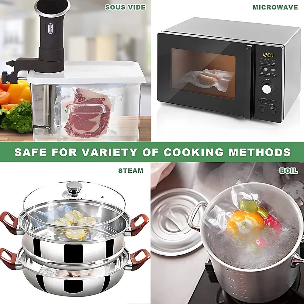 Reusable BPA-free food vacuum sealer bags, 500cm roll, suitable for storage, meal prep, and sous vide cooking.