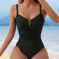 Royal blue summer women's monokini with hollow-out design, deep V-neck, high waist, padded, see-through, and elastic fit.