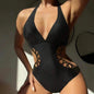 Royal blue women's monokini swimsuit with deep V neck, hollow out design, high waist, padded cups, and see-through details.