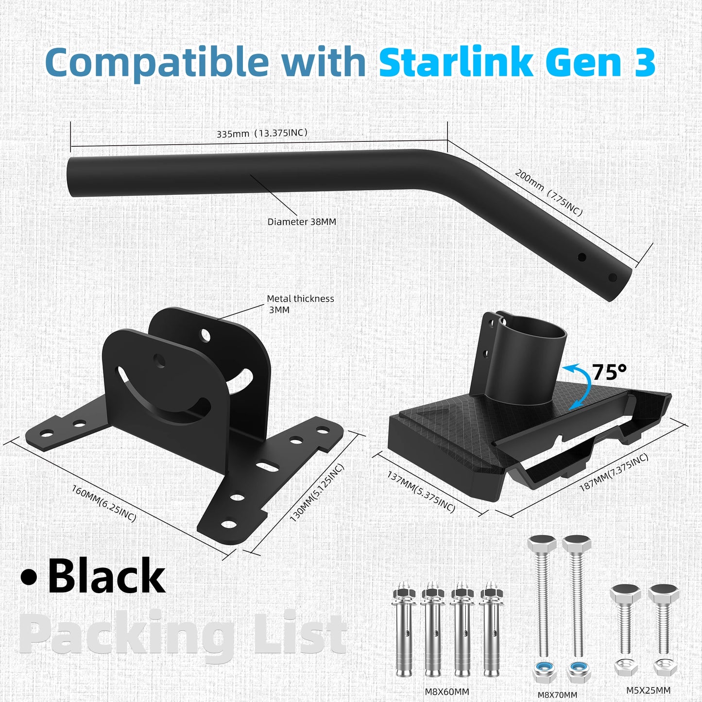 Starlink Gen 3 Wall Mount Kit with pipe adapter and installation bracket for rooftop exterior satellite dish mounting