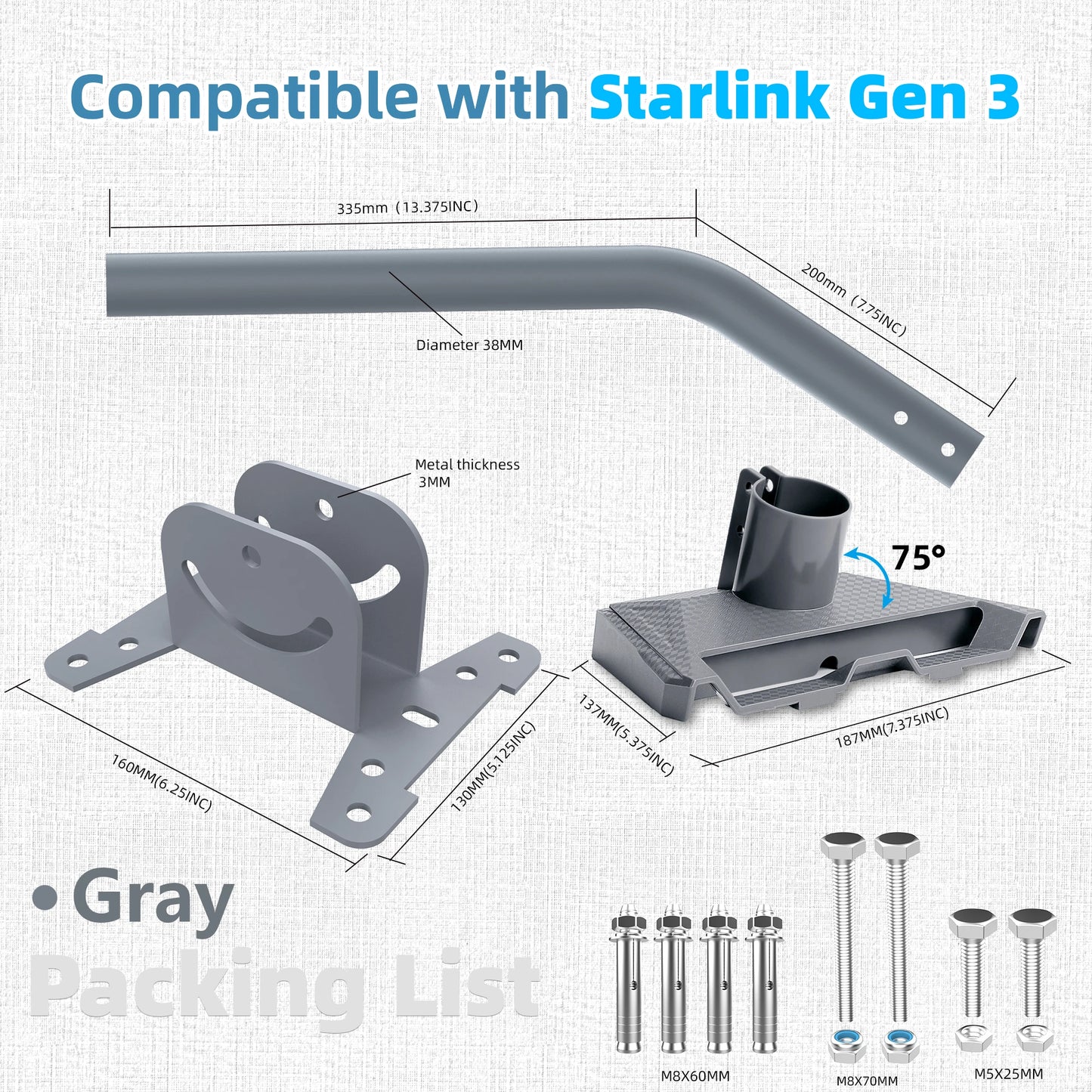 Starlink Gen 3 wall mount kit with pipe adapter and installation bracket for rooftop exterior satellite dish mounting.