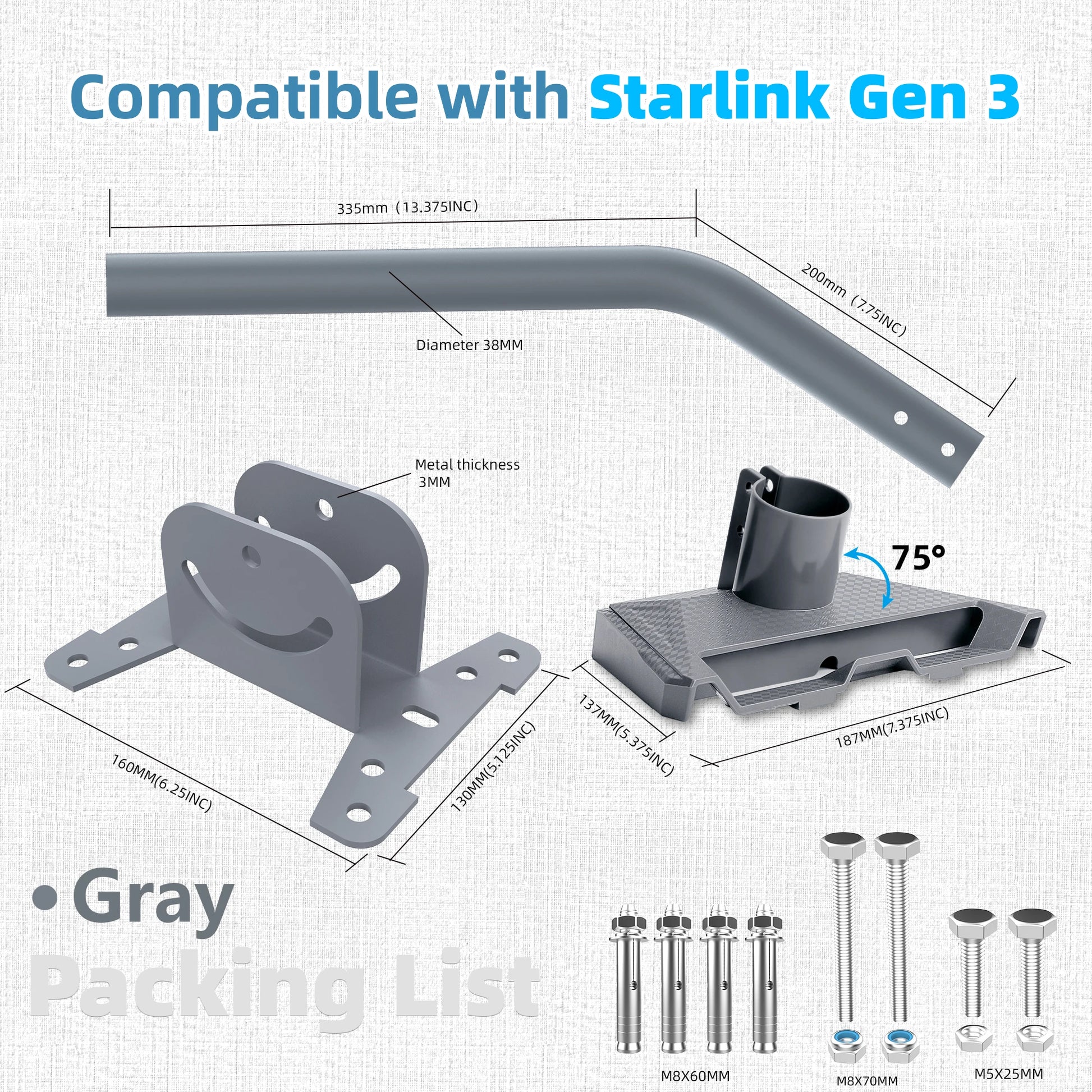 Starlink Gen 3 wall mount kit with pipe adapter and installation bracket for rooftop exterior satellite dish mounting.