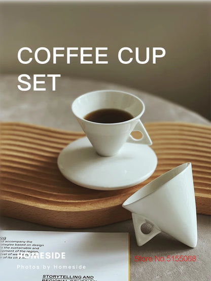 Black ceramic cone espresso mug and matching tray set with artistic design, perfect for demitasse espresso shots or tea.