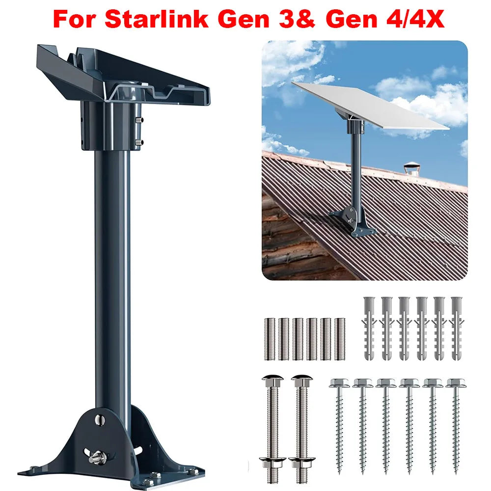 Starlink Gen 3 & 4 mount adapter on 15.7-inch pole with adjustable roof mount base for Starlink V3/V4 dishes.