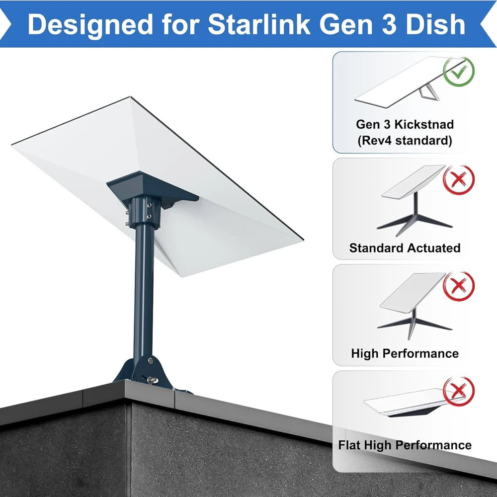 Starlink Gen 3 & 4 mount adapter on 15.7-inch pole with adjustable roof base for standard Starlink V3 and V4 dishes.