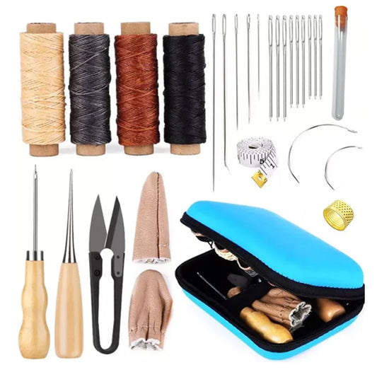 Leather tools set for crafts including waxed thread, sewing awl, curved needles, and thimble for beginners and professionals.