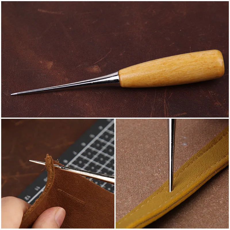 Leather tools set for crafts with waxed thread, sewing awl, curved needles, and thimble for beginners or professionals.