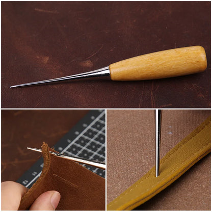 Leather tools set for crafts with waxed thread, sewing awl, curved needles, and thimble for beginners or professionals.