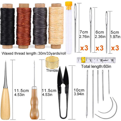 Leather tools set for crafts including waxed thread, sewing awl, curved needles, and thimble for leatherworking projects.