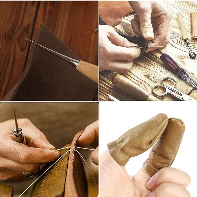 Leather tools set for crafts including waxed thread, sewing awl, curved needles, and thimble for leatherworking projects.