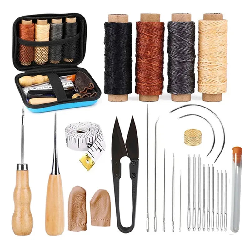 Leather tools set with waxed thread, sewing awl, curved needles, and thimble for leathercraft, beginner to professional use.