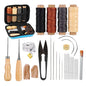 Leather tools set with waxed thread, sewing awl, curved needles, and thimble for leathercraft, beginner to professional use.