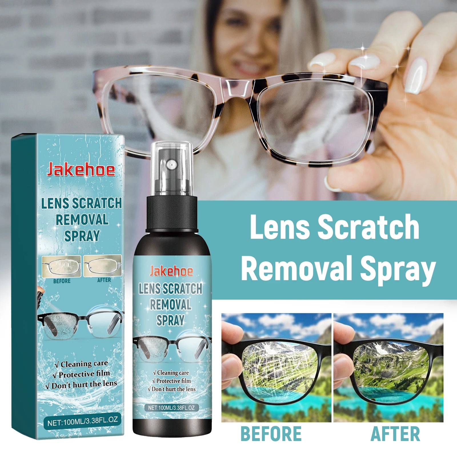 Professional lens cleaner spray by BACKUPMYFILESNOW.COM® for glasses, with anti-scratch protection and dust removal in a 100ml bottle.
