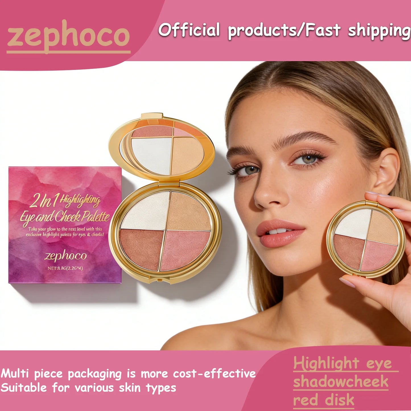 Zephoco 2-in-1 highlighting eye and cheek palette with four shimmery colors for face and eye makeup, ideal for daily or party looks.