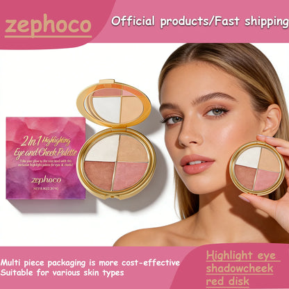 Zephoco 2-in-1 highlighting eye and cheek palette with four shimmery colors for face and eye makeup, ideal for daily or party looks.