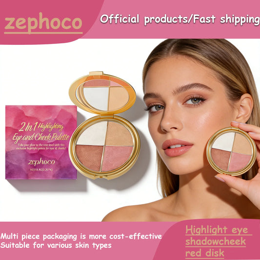 Zephoco 2-in-1 highlighting eye and cheek palette with four shimmery glow shades for face and eye makeup.