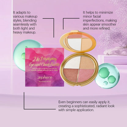 Zephoco 2-in-1 highlighting eye and cheek palette with four shimmery glow shades for face and eye makeup.