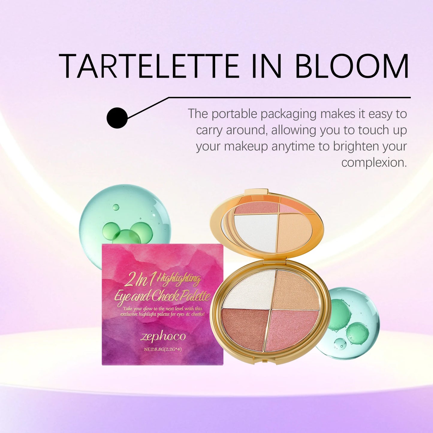 Zephoco 2-in-1 highlighting eye and cheek palette with four shimmery colors for face and eye makeup, suitable for daily and party looks.
