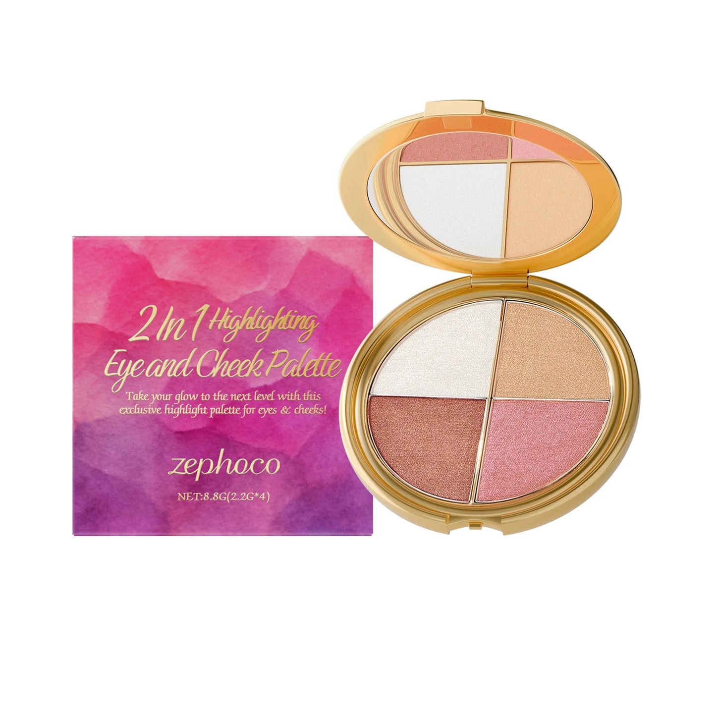 Zephoco 2-in-1 highlighting eye and cheek palette with four shimmery colors for face and eye makeup, suitable for daily or party looks.