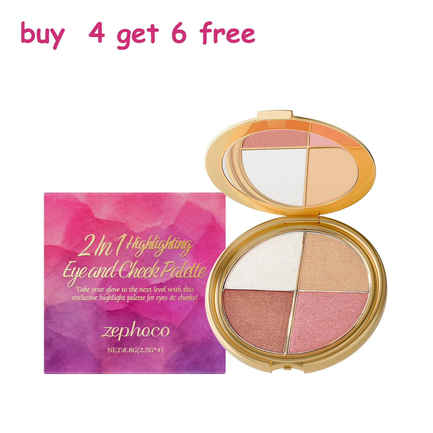 Zephoco 2-in-1 highlighting eye and cheek palette with four shimmery colors for face, eyes, and daily or party makeup.