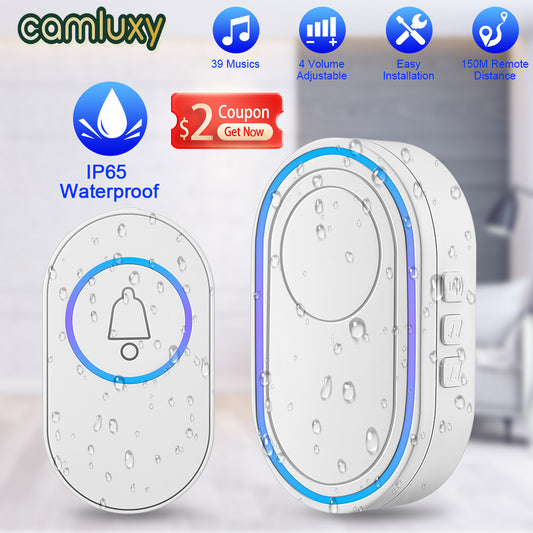 Wireless LED doorbell with security alarm, waterproof IP65, from BACKUPMYFILESNOW.COM® showing the device with LED lights and security features.