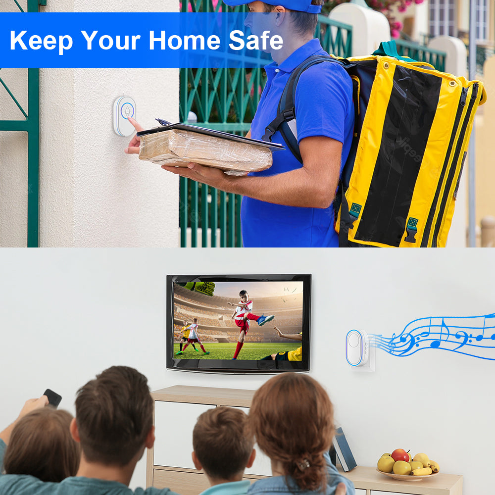 Wireless LED doorbell with security alarm, waterproof IP65, by BACKUPMYFILESNOW.COM®, featuring bright LED lights and weatherproof design.
