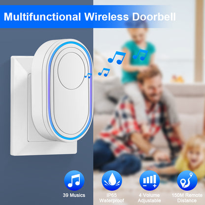 Wireless LED doorbell with security alarm by BACKUPMYFILESNOW.COM®, IP65 waterproof, visible LED lights and sleek design.
