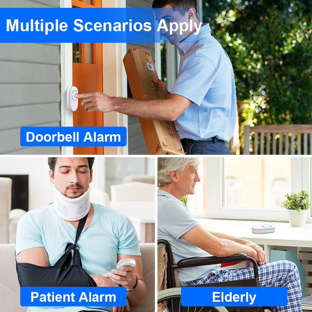 Wireless LED doorbell with security alarm, waterproof IP65, by BACKUPMYFILESNOW.COM®, featuring bright LED lights and durable design
