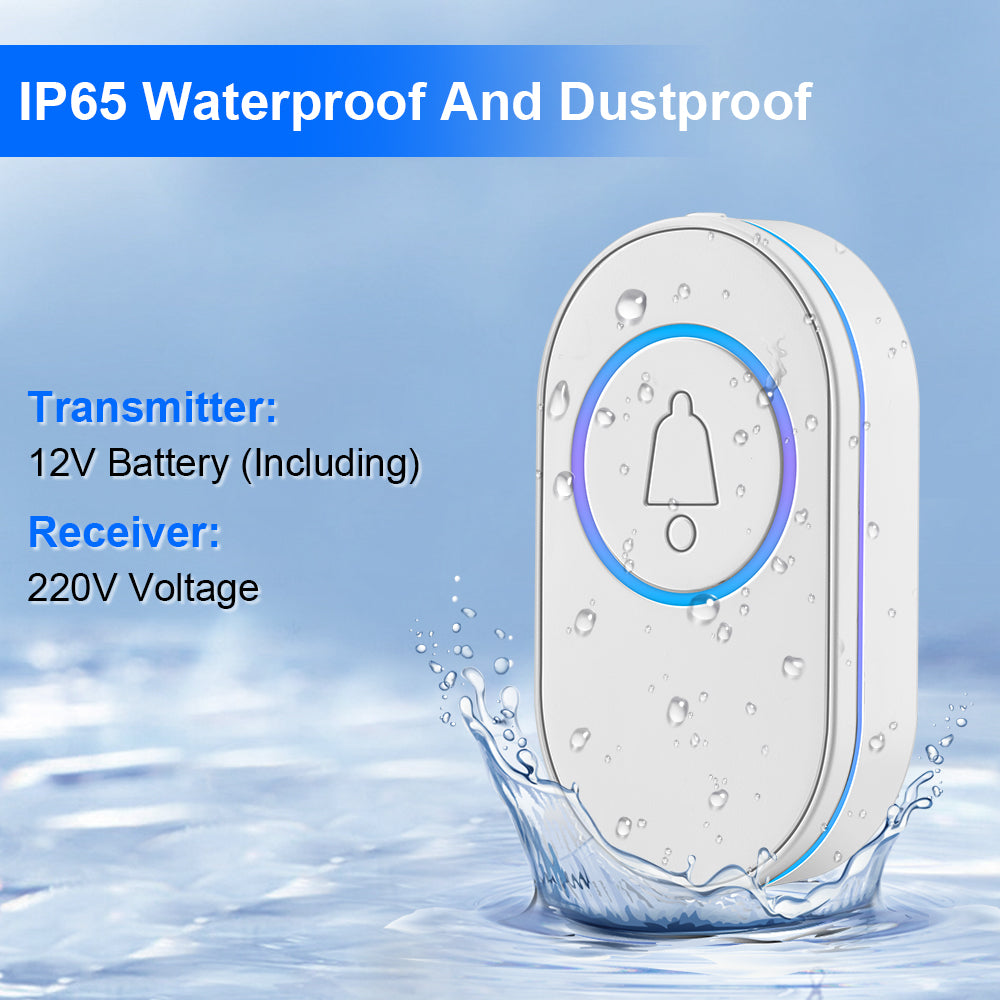 Wireless LED doorbell with security alarm from BACKUPMYFILESNOW.COM, waterproof IP65 design with bright LED indicator.