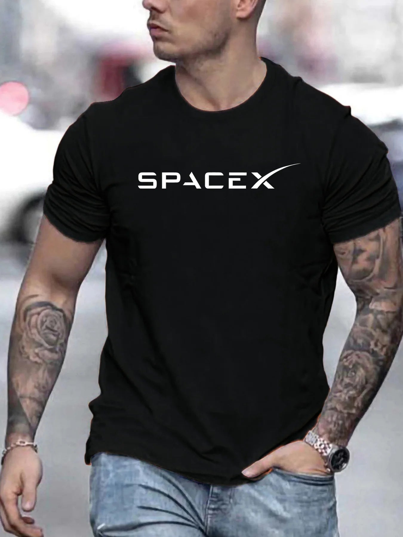 Men's summer casual loose oversized T-shirt with SpaceX letter pattern, round neck, short sleeves, printed design by BACKUPMYFILESNOW.COM®.