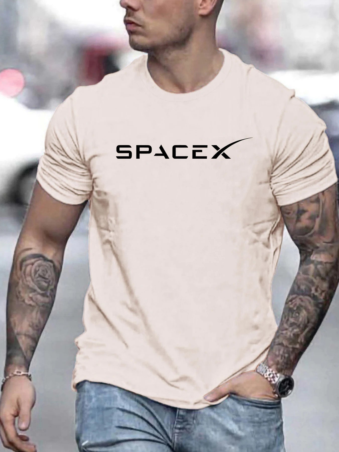 Men's oversized summer casual T-shirt with SpaceX letter pattern, round neck, short sleeves, in a loose fit by BACKUPMYFILESNOW.COM®.