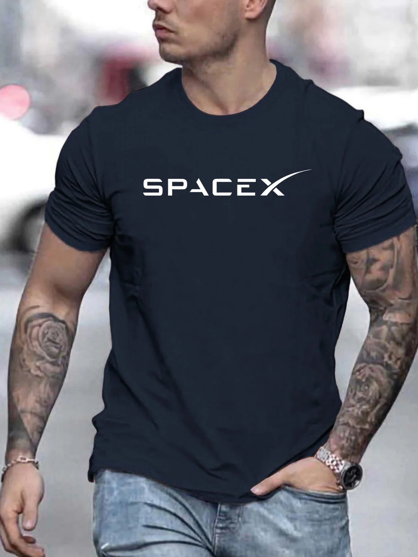 Men's summer casual oversized T-shirt with SpaceX letter pattern, round neck, short sleeves, in a relaxed fit from BACKUPMYFILESNOW.COM®