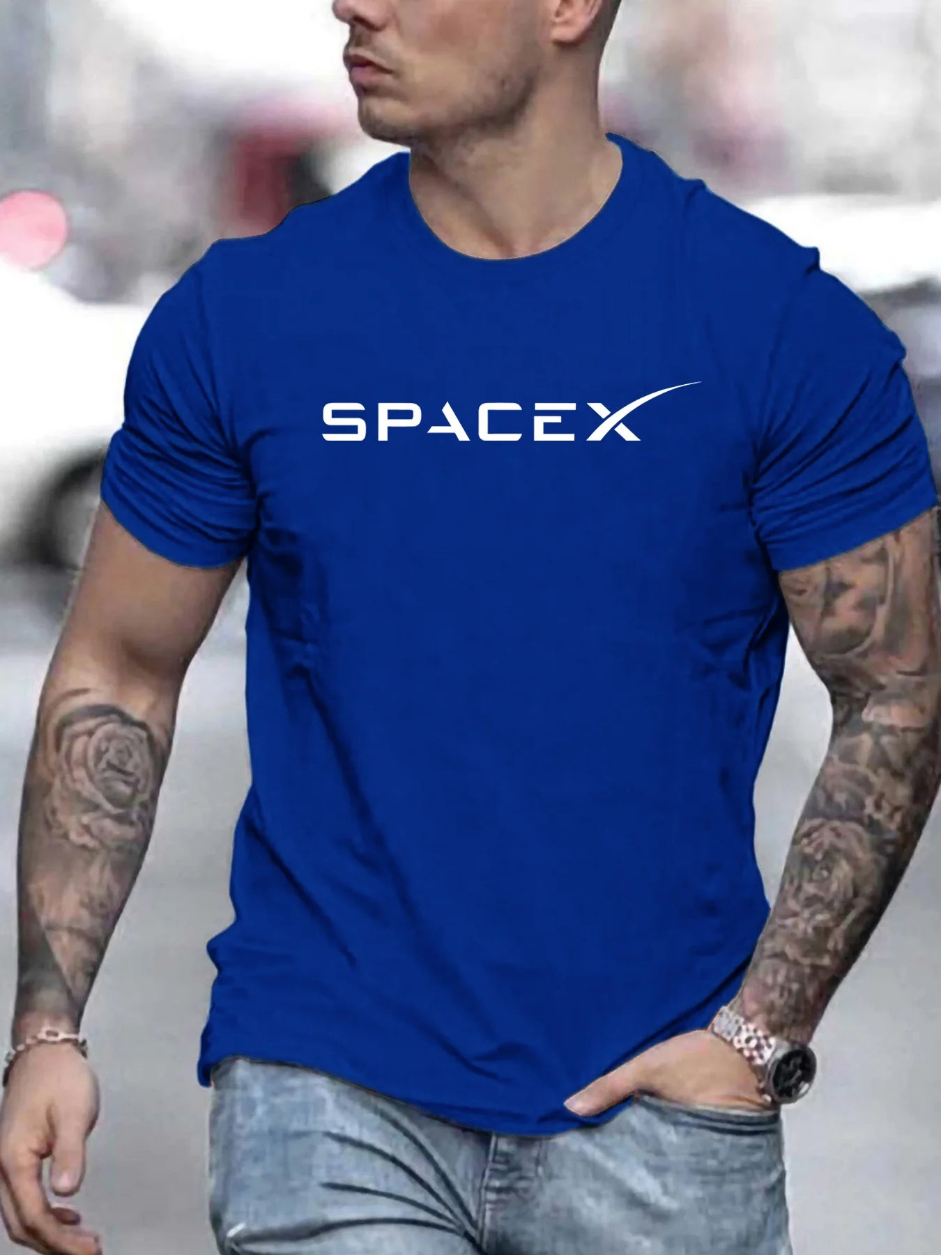Men's summer casual oversized T-shirt with SpaceX letter pattern, round neck, short sleeves, in a relaxed fit by BACKUPMYFILESNOW.COM®.