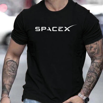Men's summer casual oversized T-shirt with SpaceX letter pattern, round neck, short sleeves, in a loose, relaxed fit.