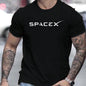 Men's summer casual oversized T-shirt with SpaceX letter pattern, round neck, short sleeves, in a loose, relaxed fit.