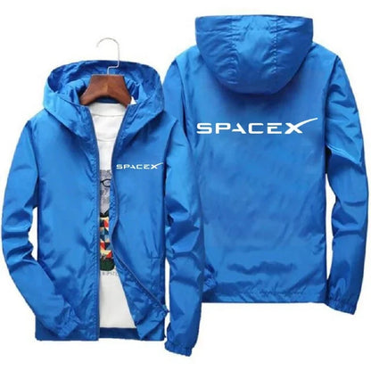 Men's SpaceX logo hoodie in black, casual zipper jacket with printed SpaceX logo, suitable for spring and autumn, sporty style.