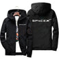 Men's SpaceX logo hoodie by BACKUPMYFILESNOW.COM, casual spring and autumn zip-up jacket with printed SpaceX branding.