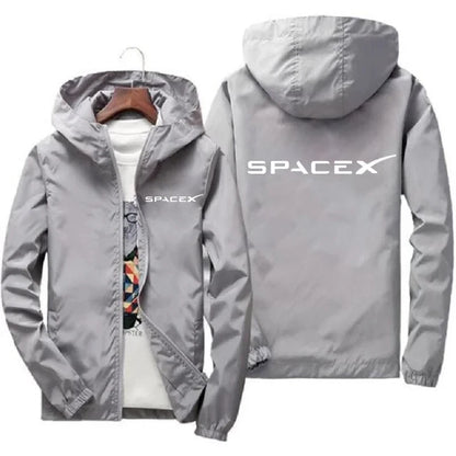 Men's SpaceX logo hoodie in black, casual spring/autumn jacket with zipper, protective racing suit style, from BACKUPMYFILESNOW.COM®.