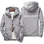 Men's SpaceX logo hoodie in black, casual spring/autumn jacket with zipper, protective racing suit style, from BACKUPMYFILESNOW.COM®.